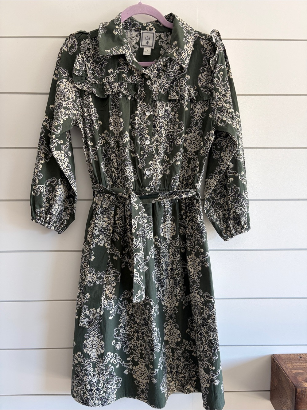 LEA Olive Floral Ruffle-Trim Midi Dress Size Small
